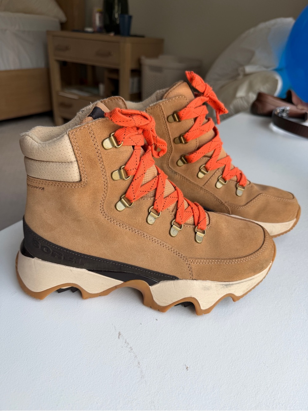 Sorel Tan Suede Lace-Up Hiking Boots with Orange Laces